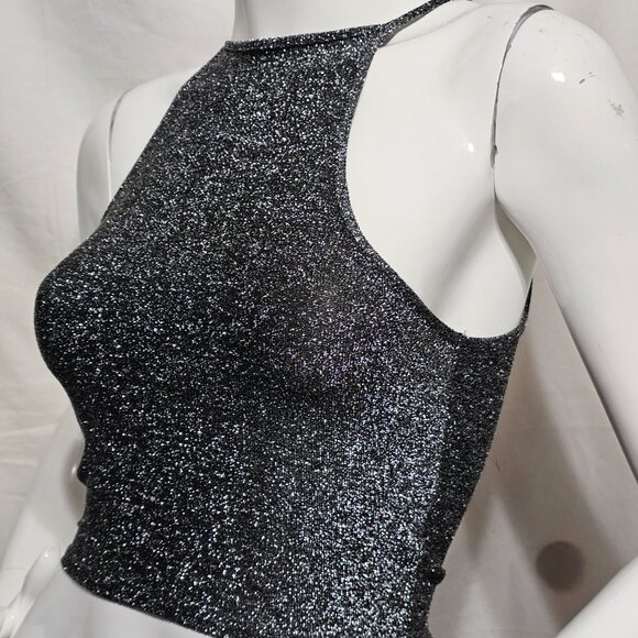 Forever 21 black and silver high neck cropped camisole style tank top Size Small - Picture 3 of 8